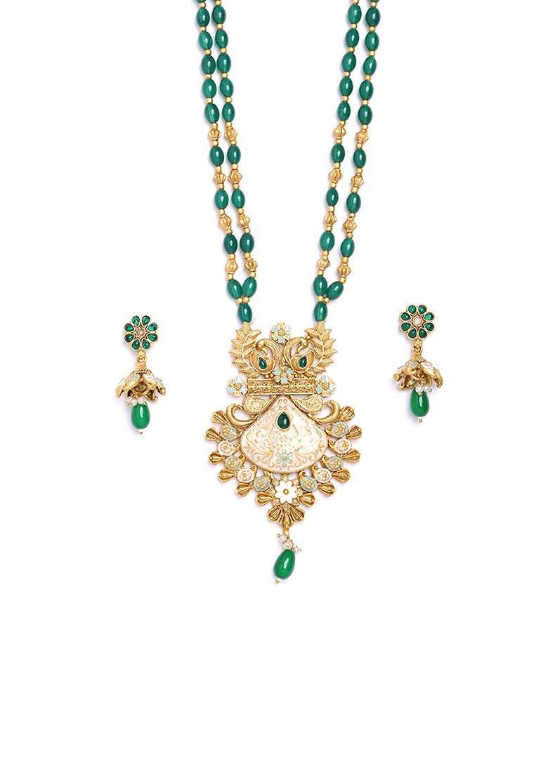 Gold Plated Stone Studded And Beaded Jewellery Set - Indya