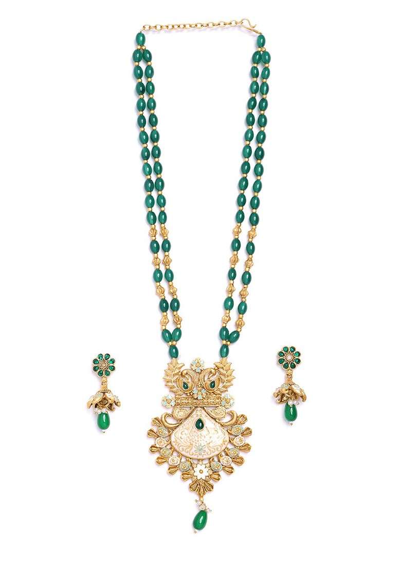 Gold Plated Stone Studded And Beaded Jewellery Set - Indya
