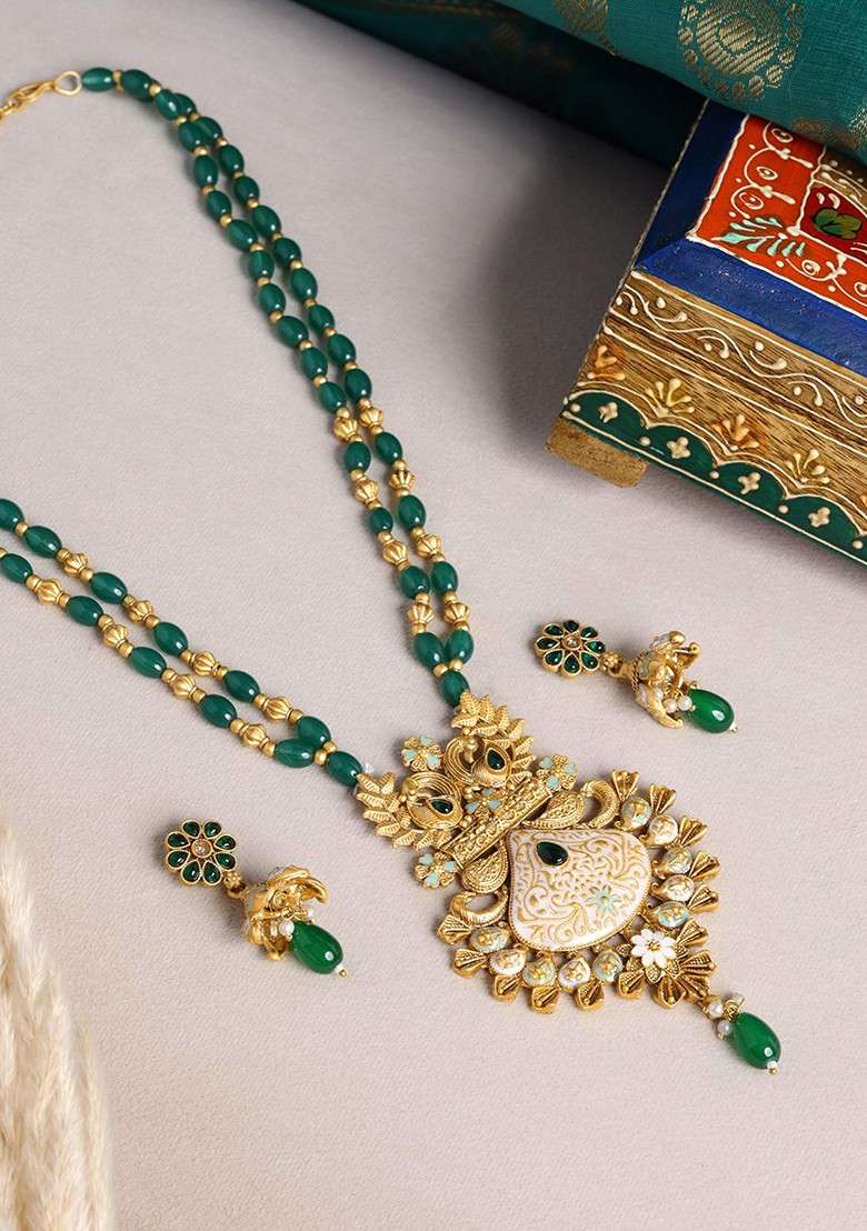 Gold Plated Stone Studded And Beaded Jewellery Set - Indya