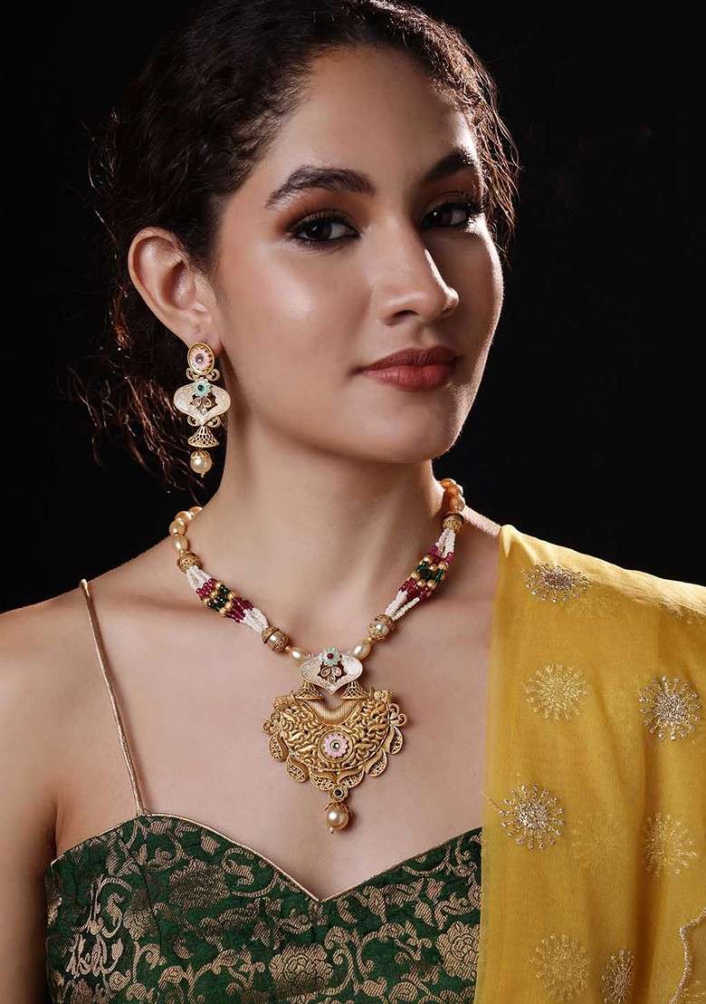 Gold Plated Stone Studded And Beaded Jewellery Set - Indya