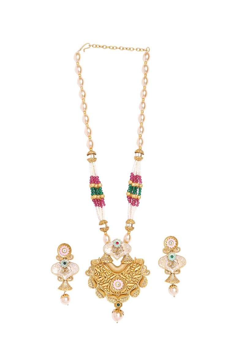 Gold Plated Stone Studded And Beaded Jewellery Set - Indya