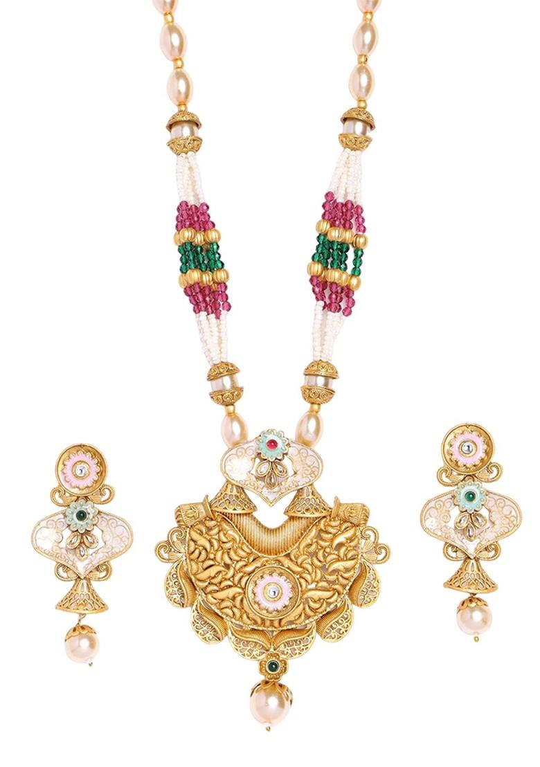 Gold Plated Stone Studded And Beaded Jewellery Set