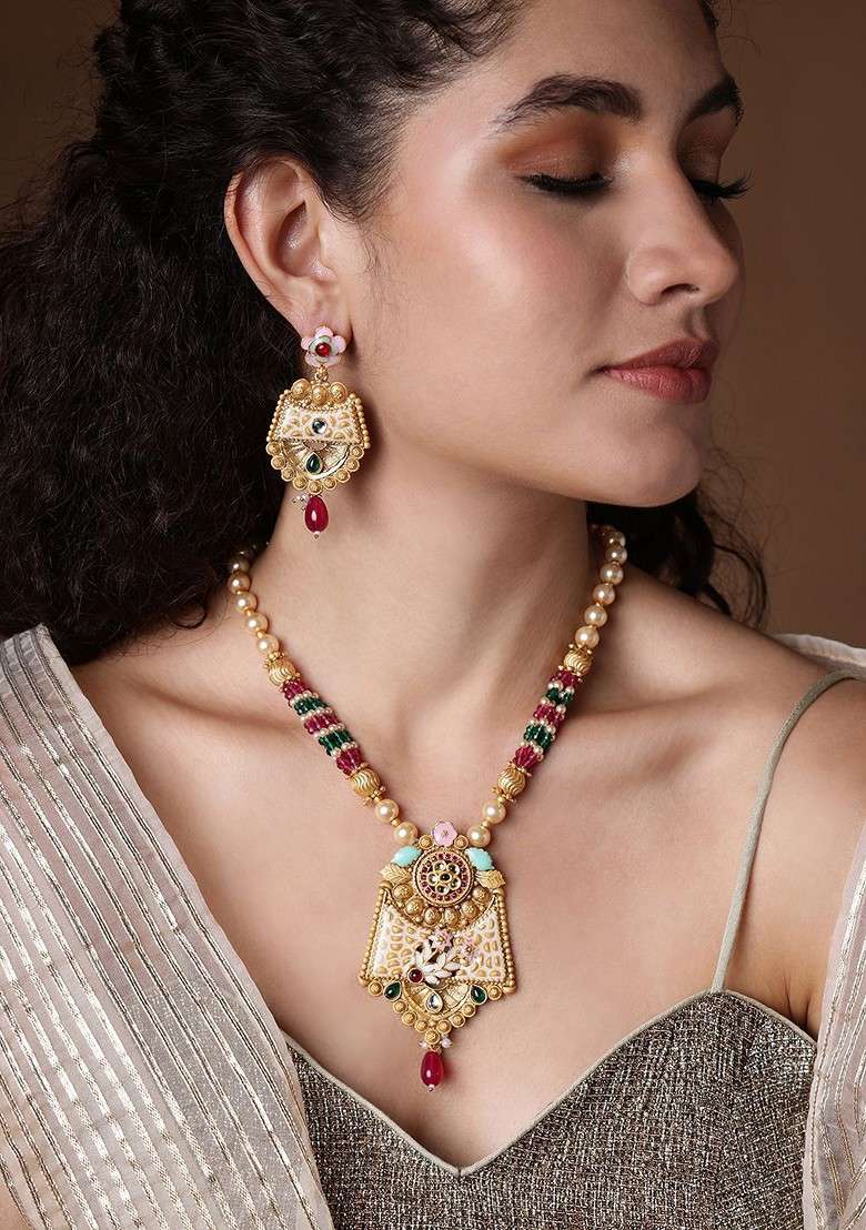 Gold Plated Stones Studded And Beaded Jewellery Set - Indya