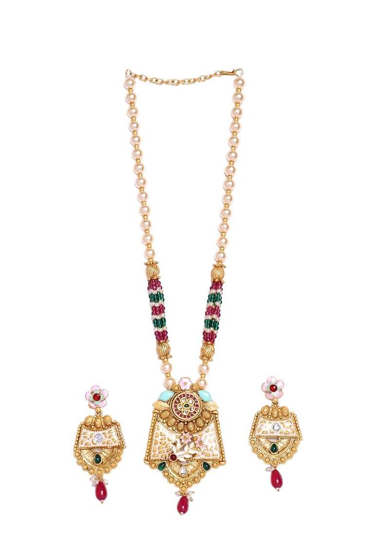 Gold Plated Stones Studded And Beaded Jewellery Set - Indya