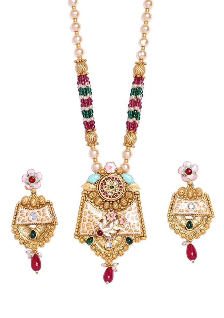 Gold Plated Stones Studded And Beaded Jewellery Set - Indya