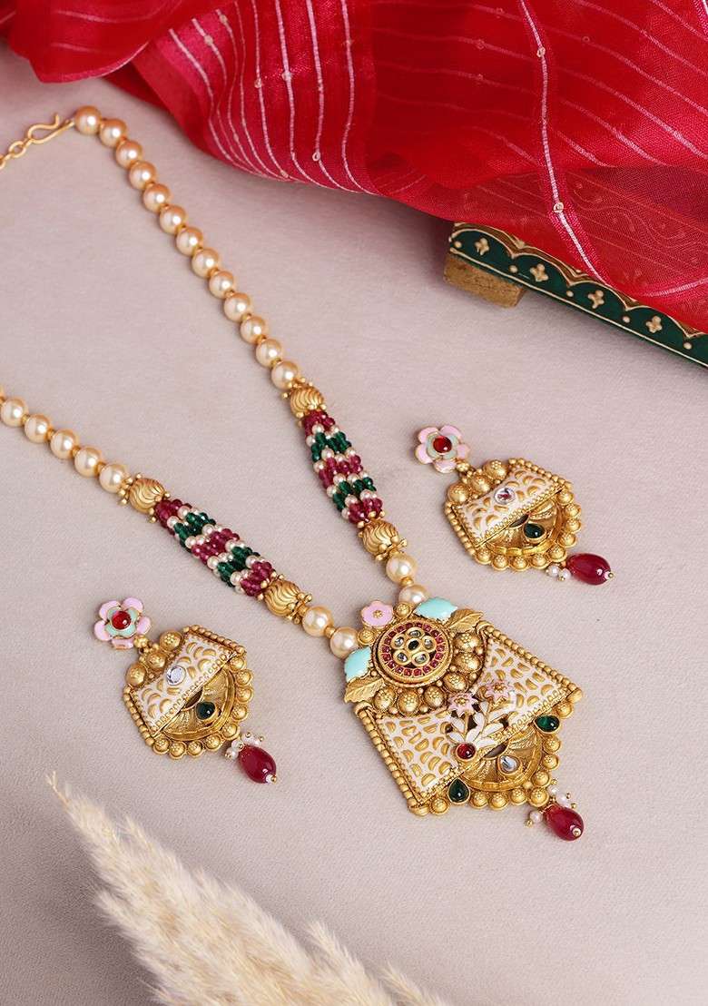 Gold Plated Stones Studded And Beaded Jewellery Set - Indya