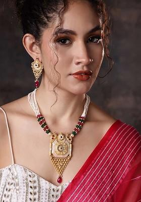 Gold Plated Stone Studded And Beaded Jewellery Set