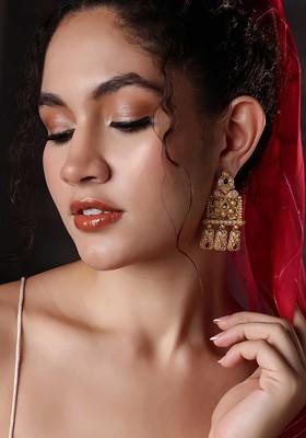 Gold Plated Stone Studded Drop Earrings