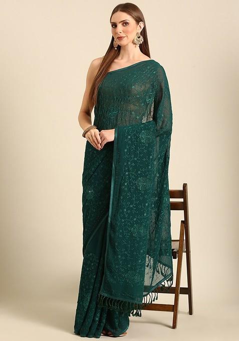 Green Ethnic Motifs Embellished Satin Saree With Unstitched Blouse Piece