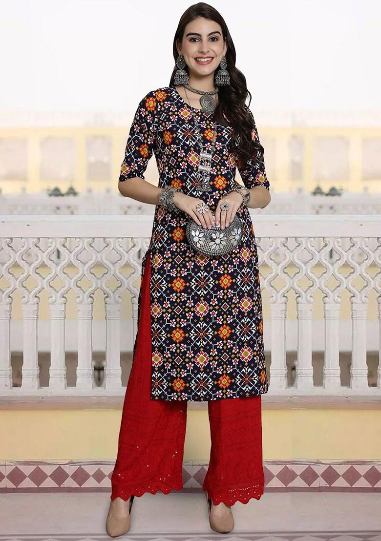Women Ethnic Motifs Printed Flared Sleeves Mirror Work Kurta