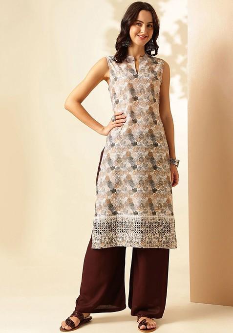 Floral Embroidered Mandarin Collar Pure Cotton Straight Kurta