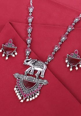 Silver Plated Stones Studded And Beaded Jewellery Set