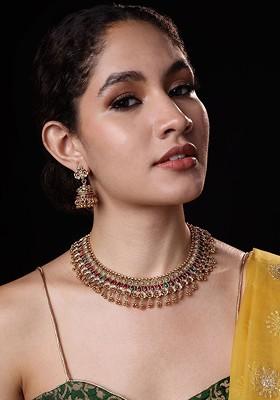 Gold Plated Stones Studded And Beaded Jewellery Set