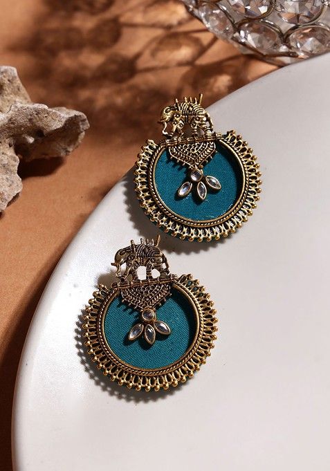 Gold Plated Elephant Shaped Stone Studded Drop Earrings