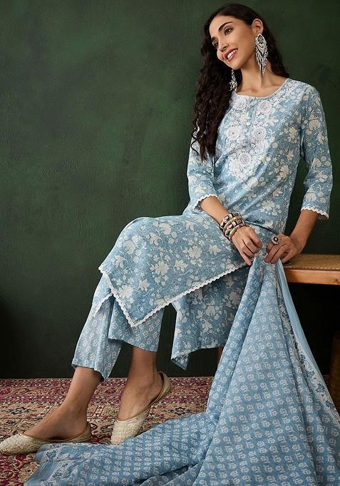 White Geometric Printed Thread Work Pure Cotton Straight Kurta