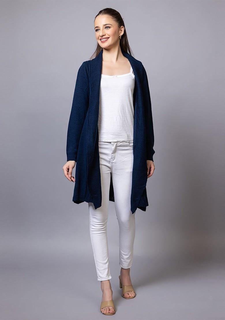 Buy Women Navy Blue Self Design V-Neck Winter Open Front Longline