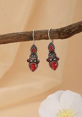 Silver-Plated Artificial Stones Studded Contemporary Drop Earrings