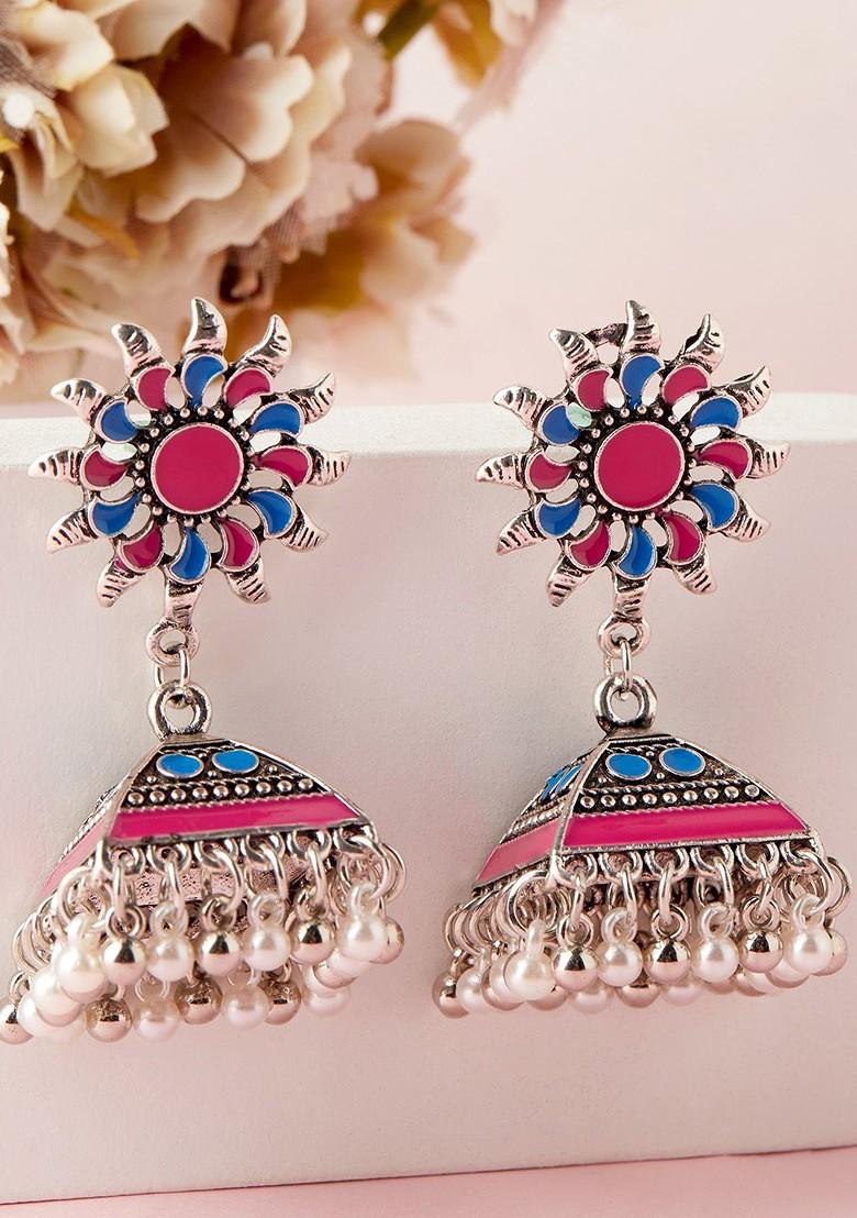 Buy Women Oxidized Silver Plated Pink And Blue Enamel Sunflower