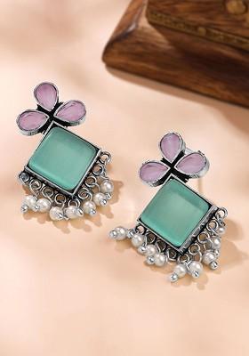 Silver Plated Artificial Stones And Beads Oxidised Drop Earrings