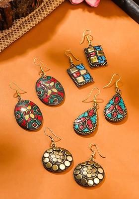 Set Of 4 Gold Plated Tibetan Contemporary Drop Earrings