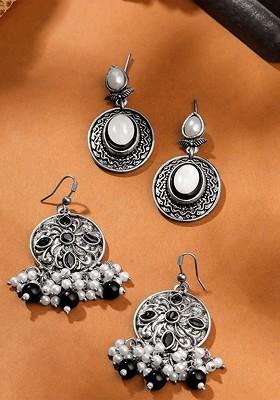 Set Of 2 Silver Plated Oxidized Drop Earrings