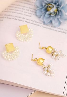 Set Of 2 Gold Plated Pearl Beaded Contemporary Drop Earrings