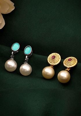 Set Of 2 Gold Plated Beaded Contemporary Drop Earrings