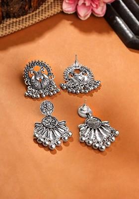 Set Of 2 Silver Plated Oxidized Drop Earrings