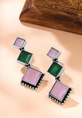 Silver Plated Artificial Stones Oxidised Drop Earrings