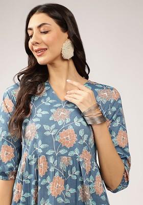 Blue Floral Print Fit And Flare Midi Dress