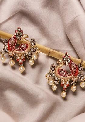 Gold-Toned Meenakari Enamel Kundan Studded Peacock Shaped Drop Earrings