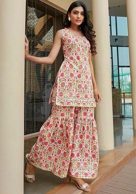 Floral Printed Sleeveless Gotta Patti Pure Cotton Straight Kurta With Sharara