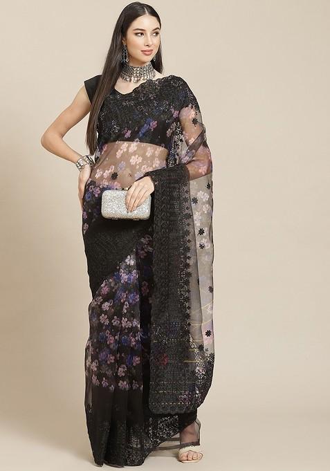 Floral Embroidered Net Saree