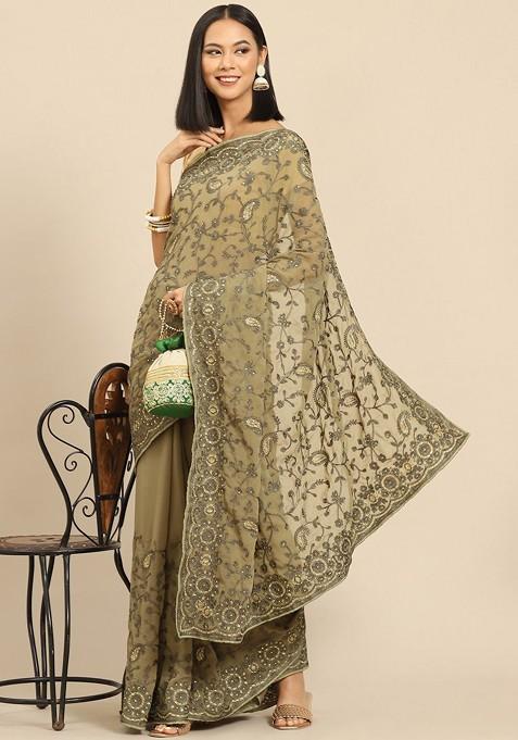 Floral Beads and Stones Poly Georgette Saree