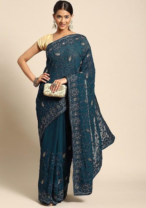 Floral Beads and Stones Poly Georgette Saree