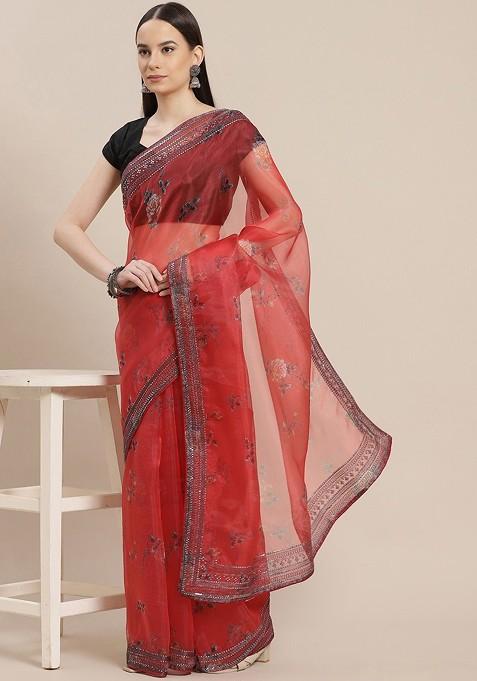 Floral Sequinned Organza Saree