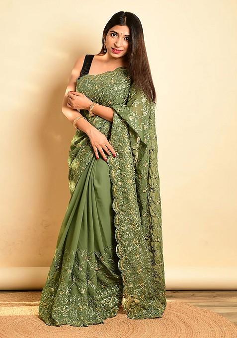 Floral Zari Poly Georgette Saree