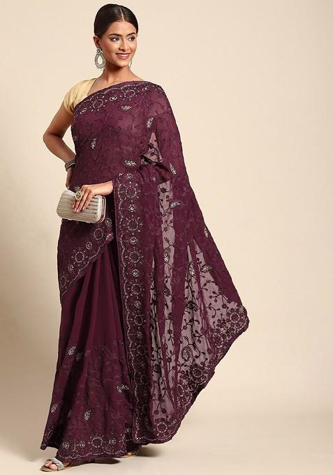 Floral Beads and Stones Poly Georgette Saree