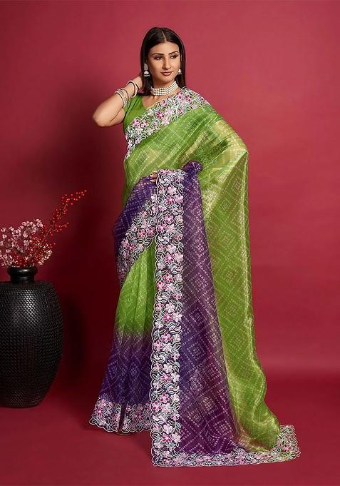 Bandhani Printed Embroidered Organza Saree