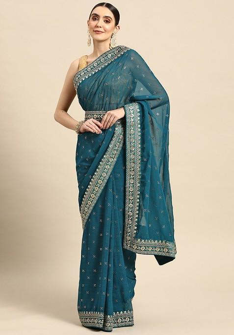 Floral Embroidered Embellished Belted Saree