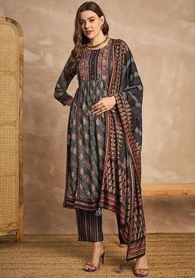 Black Floral Print Round Neck Mirror Work Kurta With Trousers And Dupatta