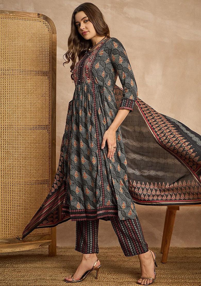 Black Floral Print Round Neck Mirror Work Kurta With Trousers And Dupatta
