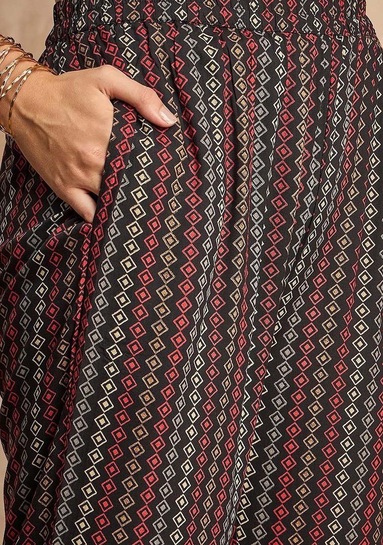 Black Floral Print Round Neck Mirror Work Kurta With Trousers And Dupatta