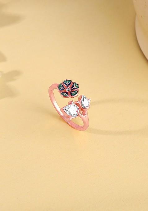 Indya X Giva 925 Sterling Silver Rose Gold Plated Stone Studded Adjustable Finger Ring