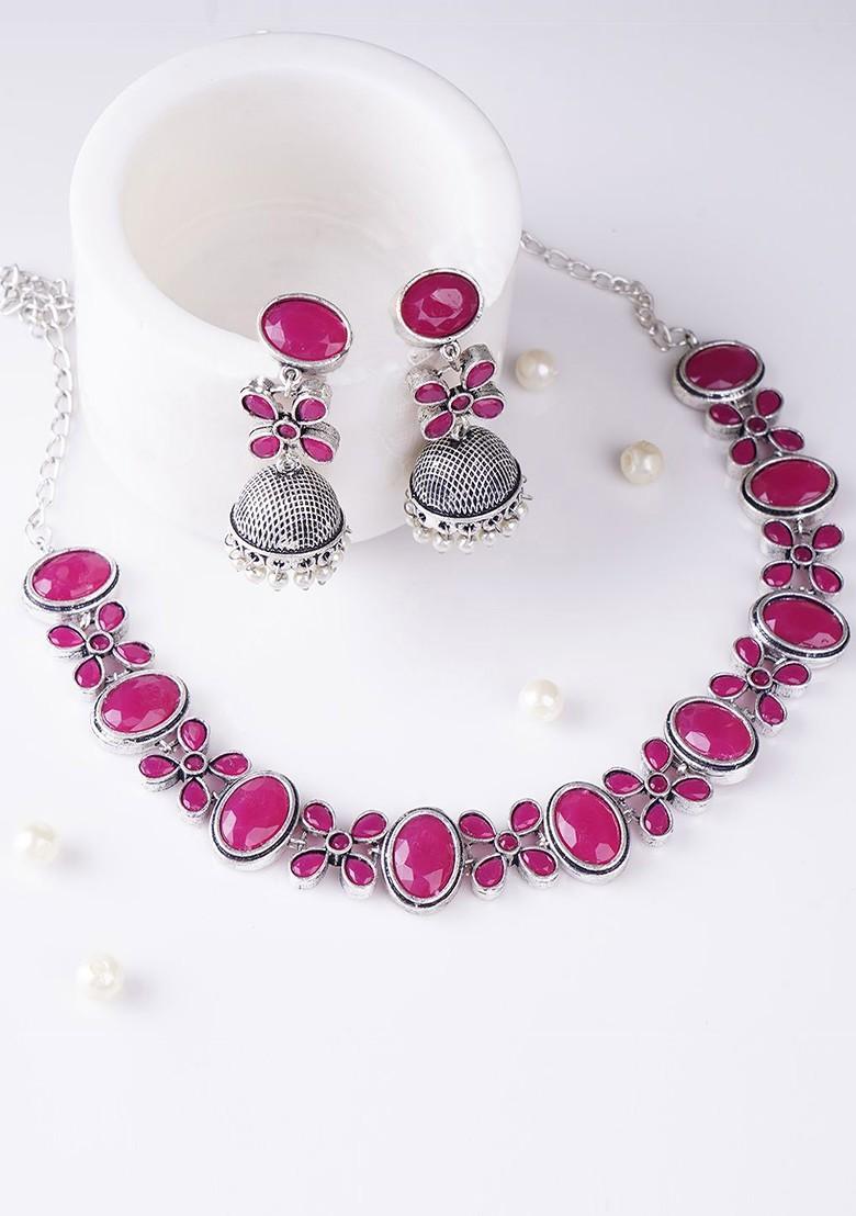 Silver Plated Stone Studded Oxidised Jewellery Set