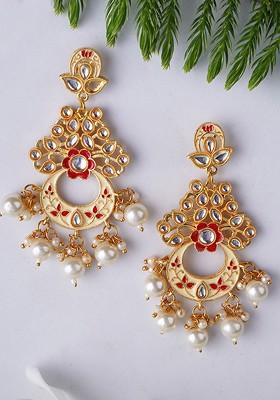 Gold Plated Artificial Stones Studded Classic Drop Earrings