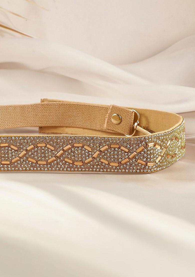 Gold Toned Crystal Zirconia Studded Geometric Design Adjustable Waist Belt