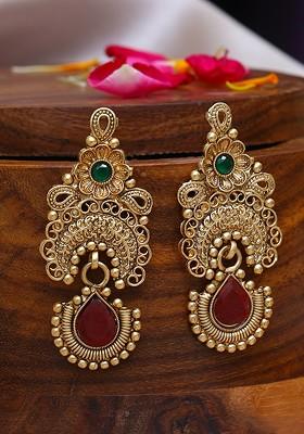 Gold-Plated Copper Classic Artificial Stone Studded Drop Earrings