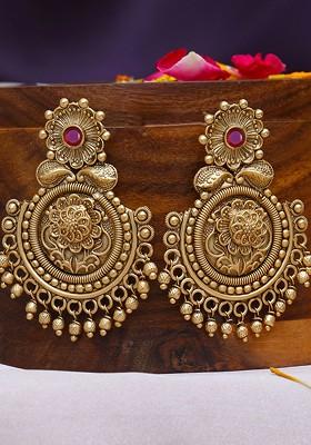 Gold Plated Artificial Stone Studded Drop Earrings