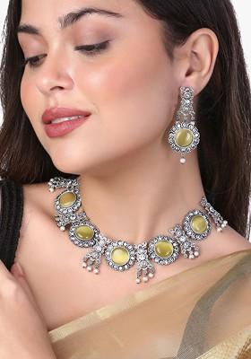 Silver Plated Oxidized Stones Studded And Bead Jewellery Set